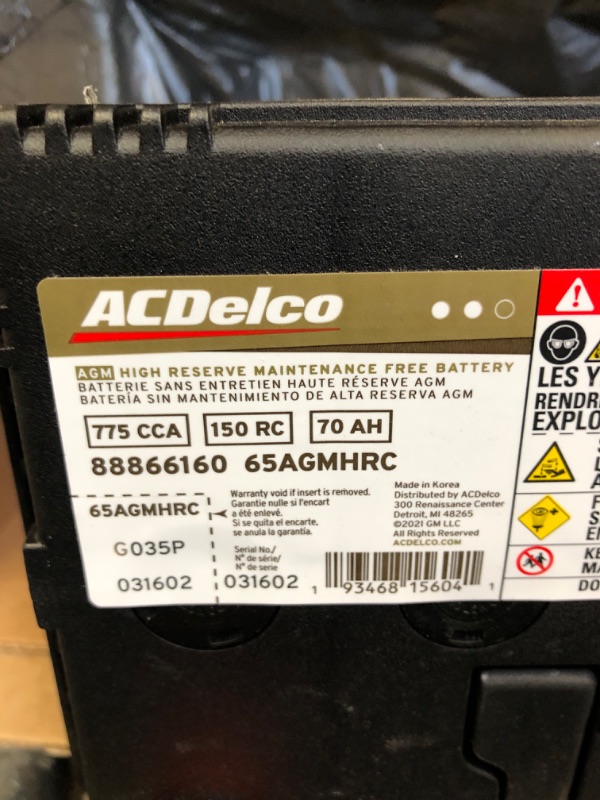 Photo 1 of ACDelco Gold 65AGMHRC (88866160) 36 Month Warranty High Reserve AGM BCI Group 65 Battery