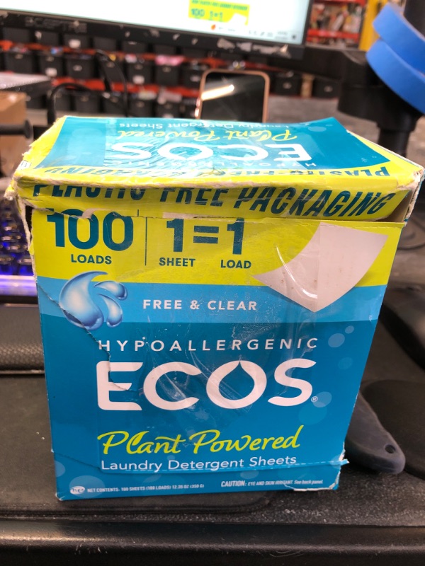 Photo 1 of ECOS Laundry Detergent Sheets Vegan, No Plastic Jug, No Mess & Liquid Free - Laundry Sheets in Washer - Hypoallergenic, Plant Powered Laundry Detergent Sheets - Free and Clear - 100 Sheets (Pack of 1)