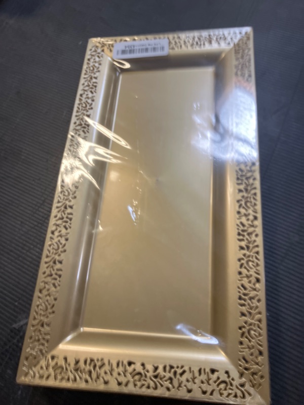 Photo 1 of Maxcheck 24 Pcs Gold Plastic Serving Tray Platter Set 14 x 7.5 Inches Gold Lace Rim Serving Trays for Food Dessert Fruit Cupcake Weddings Table Parties Display