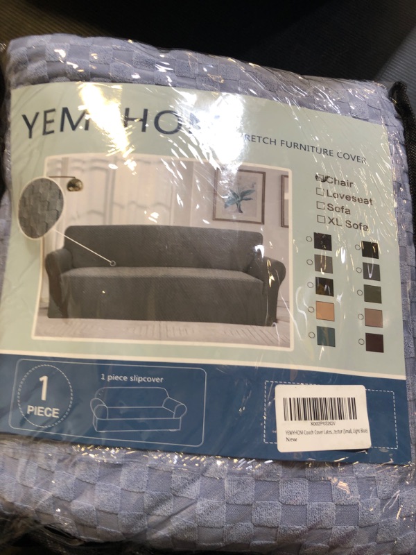 Photo 1 of YEMYHOM Couch Cover Latest Jacquard Design High Stretch Sofa Chair Covers for Living Room, Pet Dog Cat Proof Armchair Slipcover Non Slip Magic Elastic Furniture Protector (Small, Light Blue)