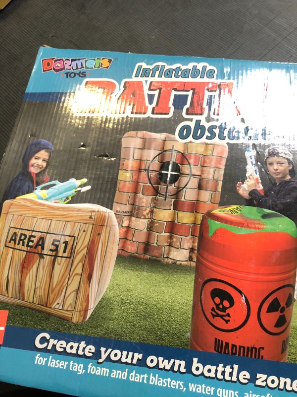 Photo 1 of Inflatable Battle Obstacles Set - Inflatable Bunker Fort - 3 Inflatable Barriers - Barrel, Container Box and Wall - Laser Tag, Paintball, Dart Blaster, Water and Airsoft Guns