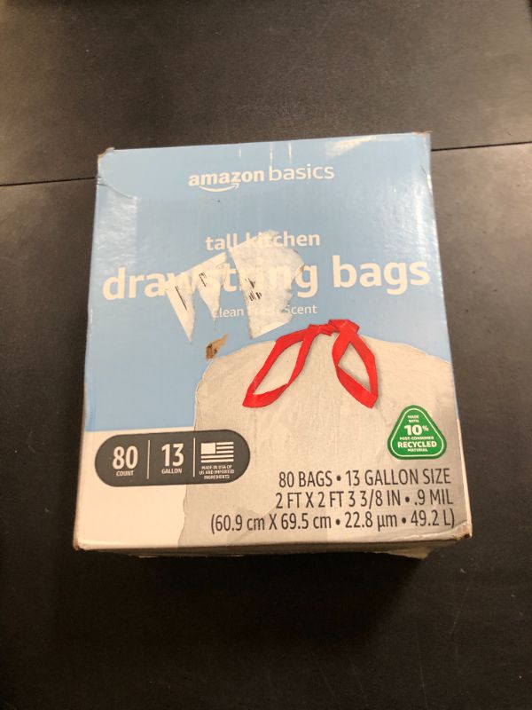 Photo 1 of Amazon Basics 13 Gallon Tall Kitchen Drawstring Trash Bags, Clean Fresh Scent, 10% Post Consumer Recycled, 80 count