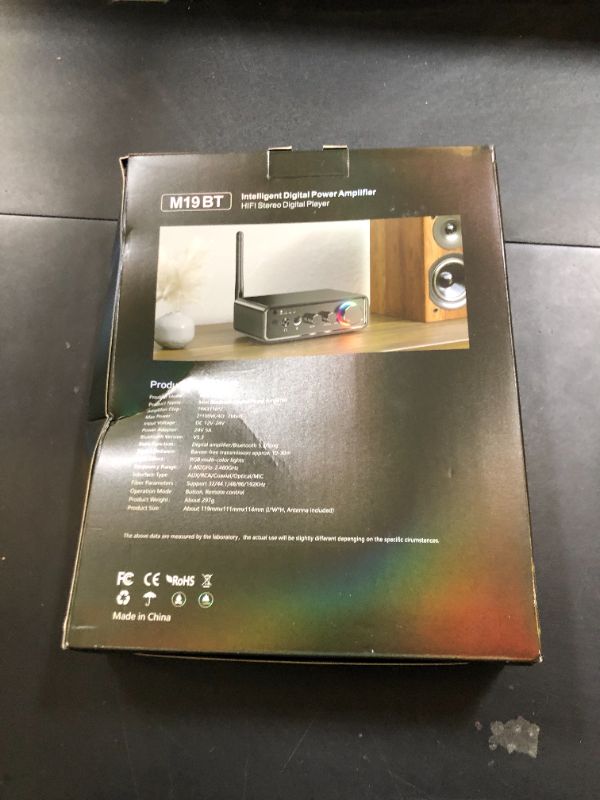 Photo 1 of M19-BT Amplifier Stereo Receiver,100Wx2 HiFi Class D Amp,Mini 2 Channel Digital Home Audio Component,Headphone Amp w/RCA/Optical/Coaxial/Mic Input for Passive Speaker with DC 24V Power Adapter