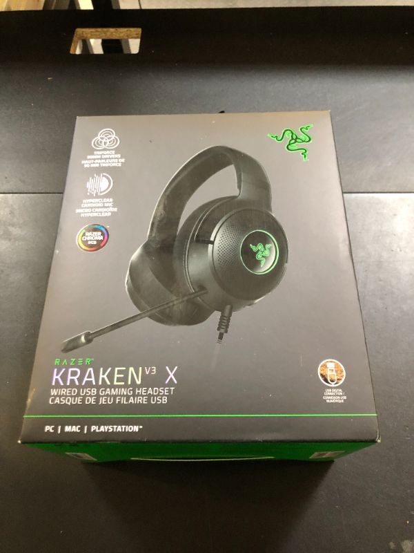 Photo 1 of Razer Kraken V3 X Wired USB Gaming Headset: Lightweight Build - Triforce 40mm Drivers - HyperClear Cardioid Mic - 7.1 Surround Sound - Chroma RGB Lighting - Black