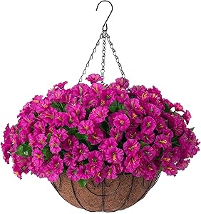Photo 1 of Artificial Hanging Flowers Plants with Basket for Outdoors Spring Decoration,Fake Petunias Flowers Fake Silk Morning Glory Planter for Outside Porch Patio Balcony Garden Summer Decor(Purple red