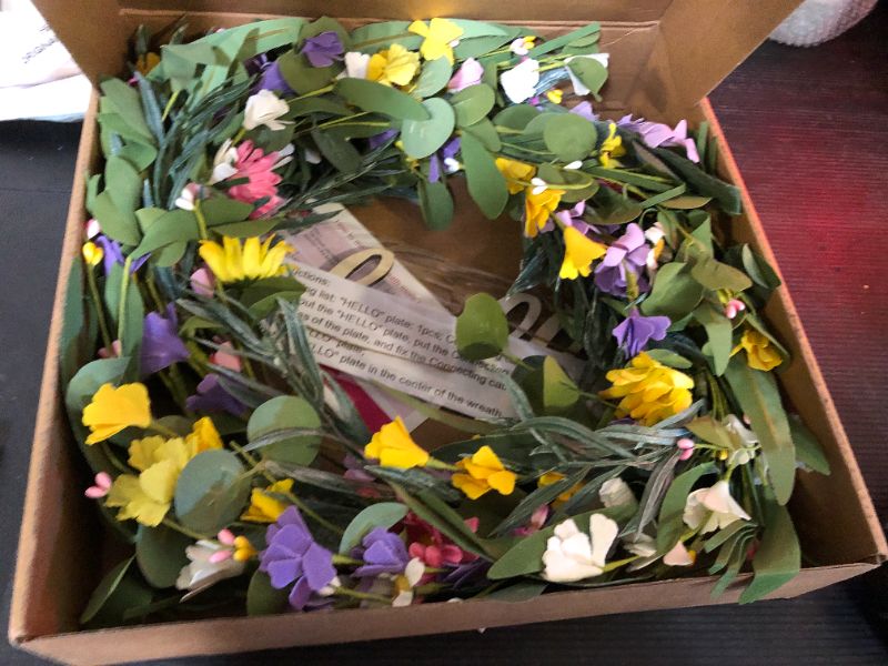 Photo 1 of TOKCARE Spring Wreaths for Front Door, 22 Inch Eucalyptus Wreath with Hello Sign, Colorful Little Daisies and Winter Jasmine, Spring Summer Decoration Home/Window/Farmhouse/Indoor and Outdoor