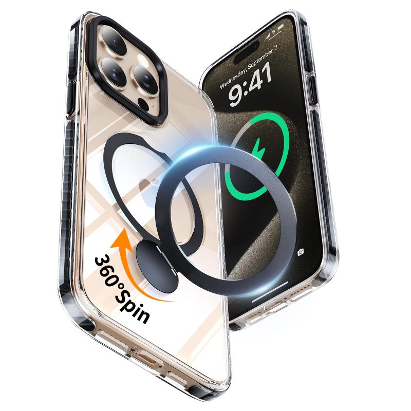 Photo 1 of YOOVEI for iPhone 15 Pro Case Clear with Kickstand 360°Rotatable Invisible Magnetic Ring Stand [Compatible with MagSafe] [Drop Protection] Transparent Slim Phone Grip Cover 6.1 inch, Clear Black
