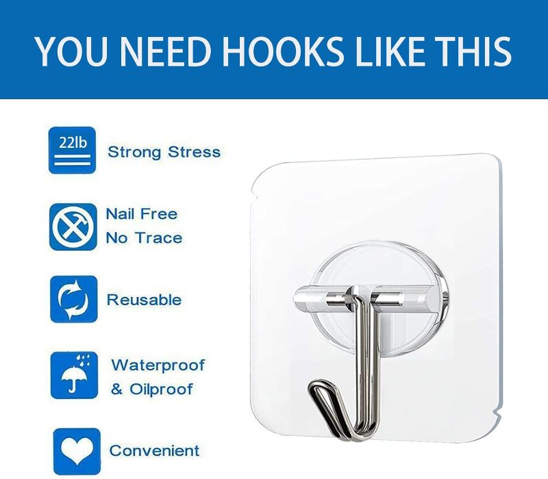 Photo 1 of COLOGO 10 pcs Adhesive Hooks 24lb(Max) Heavy Duty Self Adhesive Hooks, Transparent Reusable Seamless Adhesive Wall Hooks for Kitchens, Bathroom, Office	