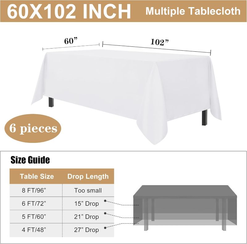 Photo 1 of 1pc  White Tablecloths 60 x 102 Inch Polyester Table Cloth for 6 Foot Rectangle Tables, Bulk Linen Polyester Fabric Washable Long Clothes for Wedding Reception Banquet Party Buffet Restaurant