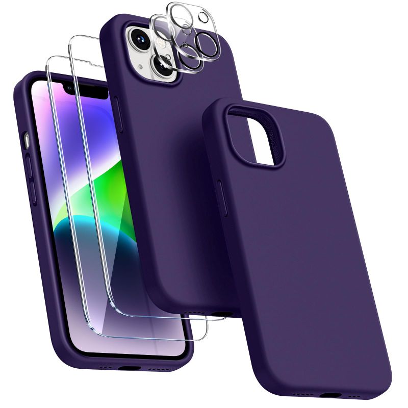 Photo 1 of JTWIE [5 in 1 for iPhone 14 Case 6.1 inch, with 2 Pack Screen Protector + 2 Pack Camera Lens Protector, Liquid Silicone Slim Shockproof Protective Phone Case (Dark Purple)…