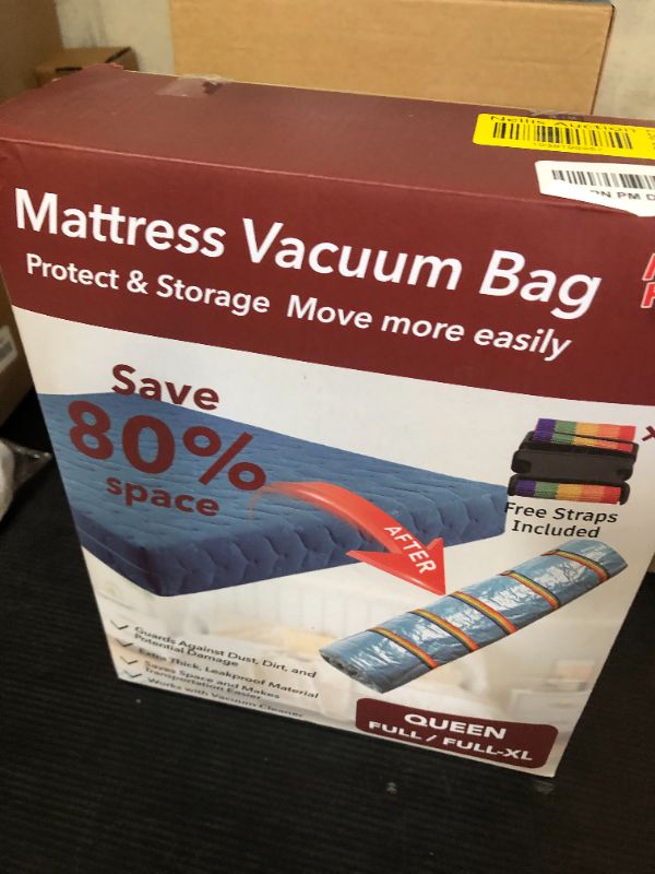 Photo 1 of Queen/Full/Full-XL Mattress Vacuum Bag for Moving and Storage, Vacuum Seal Compression Bag for Queen and Full Size Mattresses, Heavy Duty Mattress Bag for Storage, with Sealing Clip and 5 Straps