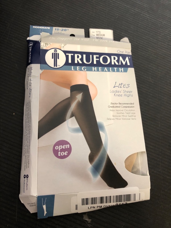 Photo 1 of Truform Sheer Compression Stockings, 15-20 mmHg, Women's Knee High Length, Open Toe, 20 Denier, Beige, Medium