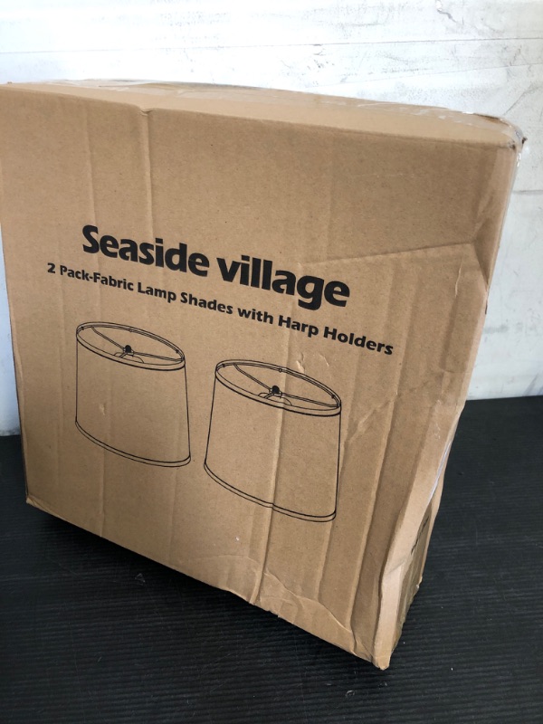 Photo 1 of Lampshades Set of 2, Drum Lampshades 11.6" Top x 12.6" Bottom x 9.8" High, Seaside village Medium Lampshades (Spider Fitter), Beige Lampshades Natural Linen Hand Crafted, Easy Assembly Required