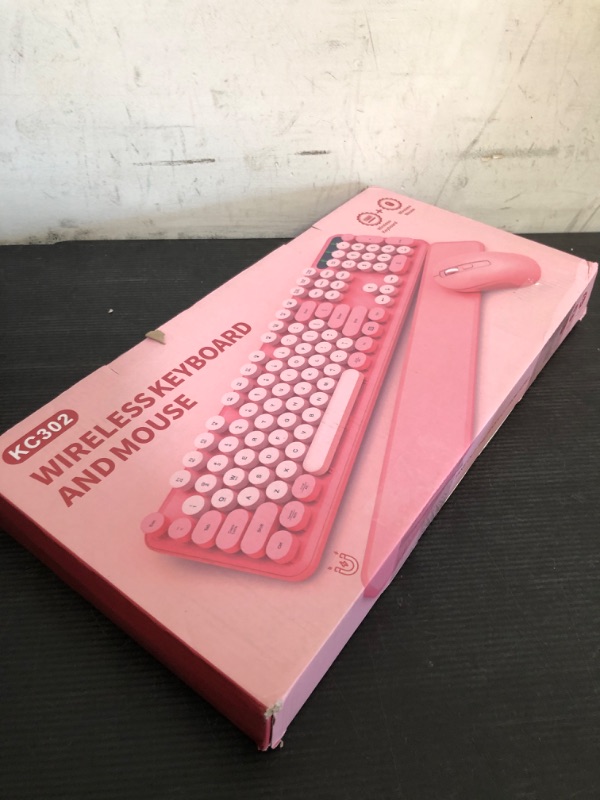 Photo 1 of Wireless Keyboard and Mouse Combo - Retro Keyboard with Round Keycaps, Full-Size Typewriter Keyboard with Detachable Wrist Rest, 2.4GHz Connection for Mac/Windows/PC (Baby Pink)
