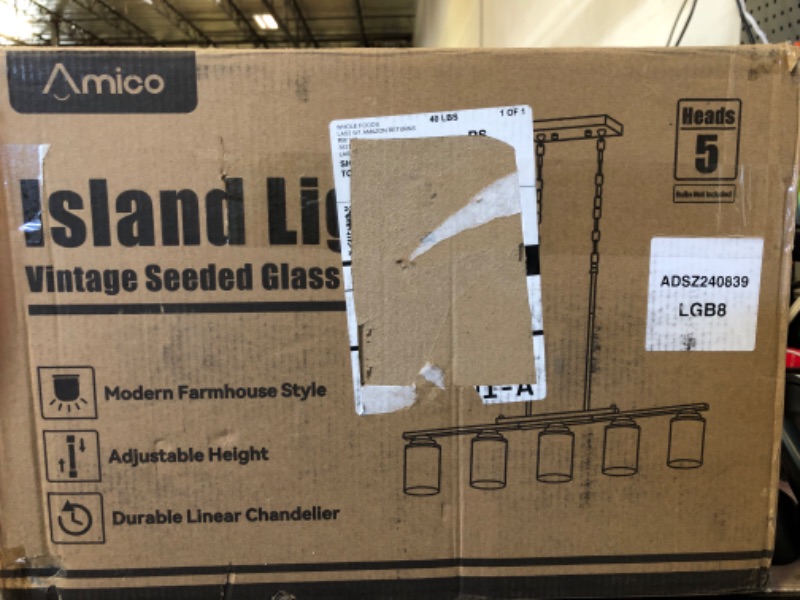 Photo 1 of Amico Dining Room Light Fixture 5-Light Kitchen Island Lighting with Adjustable Rods, Farmhouse Decor Black Metal & Wood Chandelier with Seeded Glass Shade, Island Lights for Kitchen