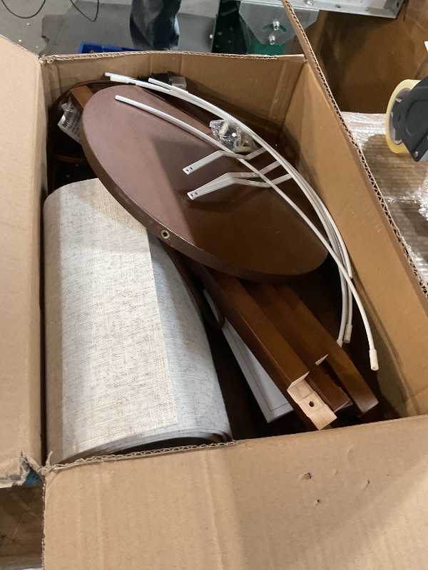 Photo 1 of ***(MINOR DAMAGE/ SEE NOTES)***LEPOWER Mid Century Wood Standing Lamp, Modern Design Shelf Floor Lamp for Living Room, Bedroom, Office, Flaxen Shade with E26 Base, Perfect for Reading or Ambient Lighting Dark Brown