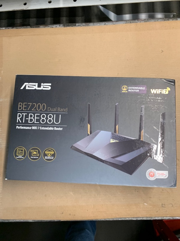 Photo 1 of ********FINAL SALE- MIGHT NOT BE FUNCTIONAL***************
ASUS RT-BE88U Dual-Band WiFi 7 AiMesh Extendable Performance Router, 4K-QAM, MLO, Dual 10G Ports, SFP+, 4X 2.5G Ports, 4X 1G Ports, 34G WAN/LAN Capacity, Network Security, Built-in VPN