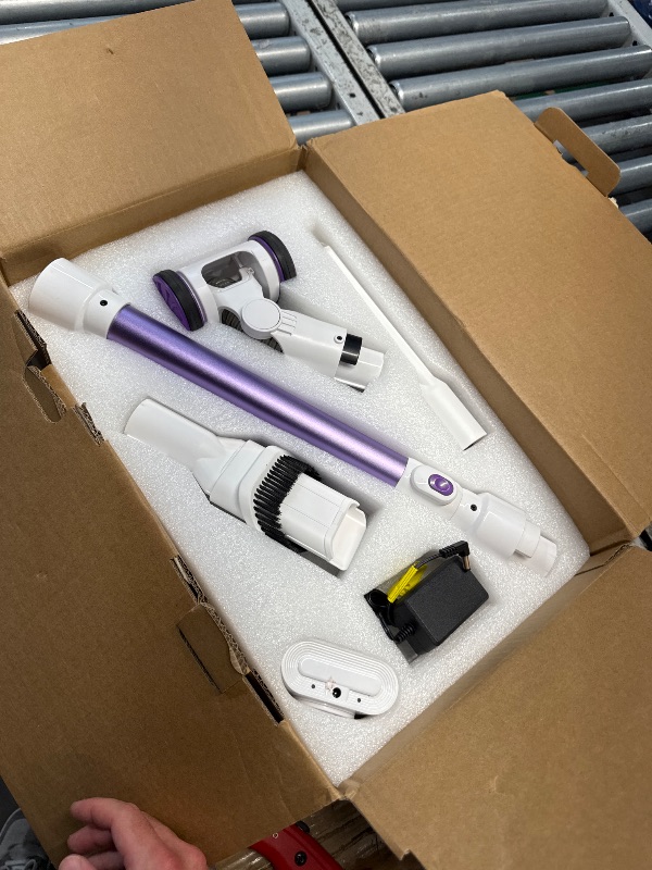 Photo 1 of (PARTIAL SET) (UNTESTED) FABULETTA Cordless Vacuum Cleaner for Home, 500W Lightweight Vacuum Cleaner with MAX 50 Min Detachable Battery, Brushless Motor, 6 in 1 Stick Vacuum for Hardwood Floors and Carpet Pet Hair Car?Purple?
