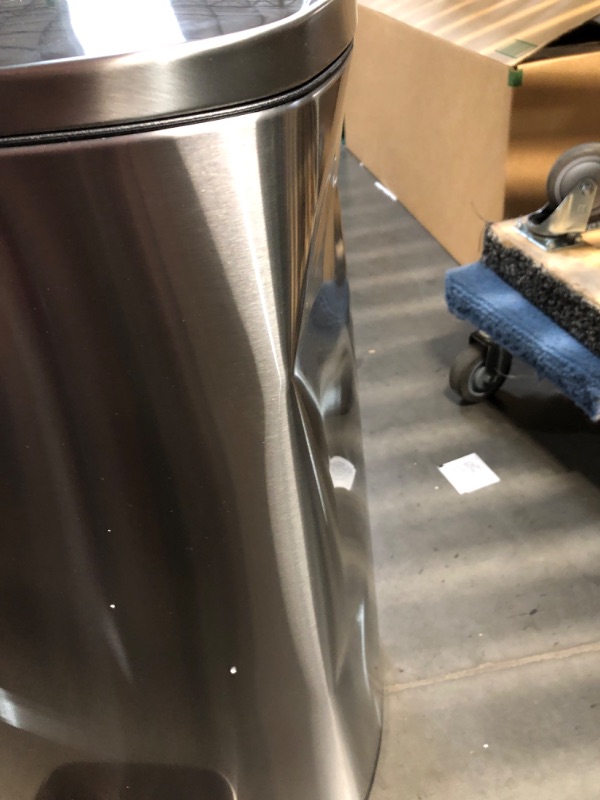 Photo 1 of ***DAMAGED - DENTED - SEE PICTURES***
Amazon Basics Smudge Resistant Rectangular Trash Can With Soft-Close Foot Pedal, Brushed Stainless Steel, 50 Liter/13.2 Gallon, Satin Nickel Finish, 16.7"L x 14.7"W x 25.9"H