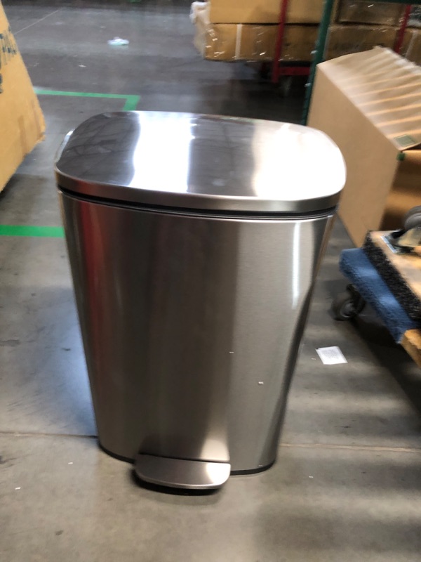 Photo 1 of ***DAMAGED - DENTED - SEE PICTURES***
Amazon Basics Smudge Resistant Rectangular Trash Can With Soft-Close Foot Pedal, Brushed Stainless Steel, 50 Liter/13.2 Gallon, Satin Nickel Finish, 16.7"L x 14.7"W x 25.9"H