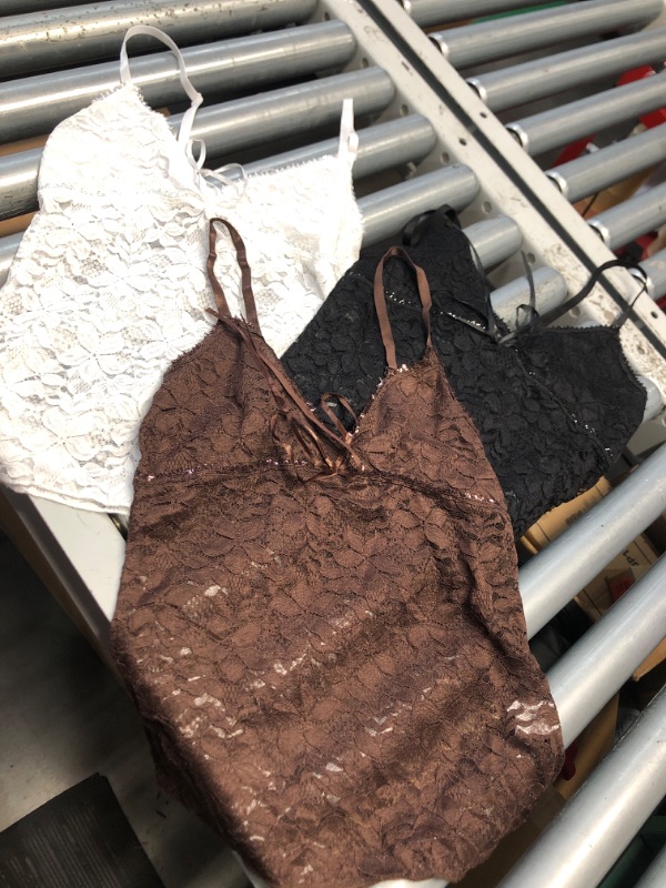 Photo 1 of (USED/FAIR) 3 Pack Lace Classic Tank Top V Neck Smooth Cami Adjustable Straps Lace Tank Top Shapewear Cami for Women(Small,Coffee, White, Black)
