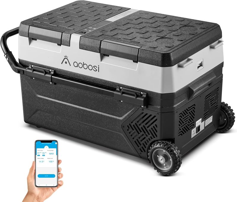 Photo 1 of ***MAJOR DAMAGE - LID BROKEN OFF - MISSING RETRACTABLE HANDLE - SEE PICTURES***
AAOBOSI 12 Volt Car Refrigerator, 45Qt (42L) Portable Car Fridge Freezer Electric Cooler Dual Zone Extension Handle, 12/24V DC and 110-240V AC, Mini Fridge for Camping, Travel