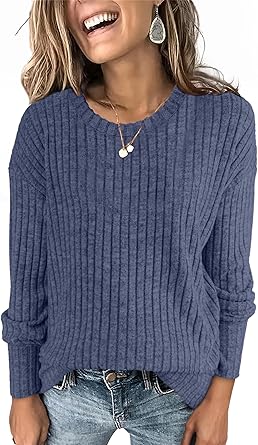 Photo 1 of ANRABESS Womens Long Sleeve Shirts Oversized Waffle Knit Casual Loose Crewneck Pullover Sweater 2025 Fall Tunic Tops Grey Blue X-Large