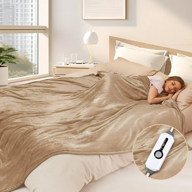 Photo 1 of SUNNY HEAT Electric Heated Blanket Flannel 72" x 84" Full Size-4 Heating Settings & 10 Hours Auto Off, Cozy Machine Washable-Light Brown

