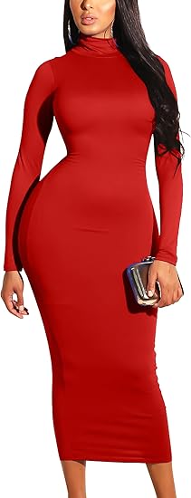 Photo 1 of GOBLES Women's Sexy Turtleneck Long Sleeve Elegant Bodycon Party Long Dress Medium