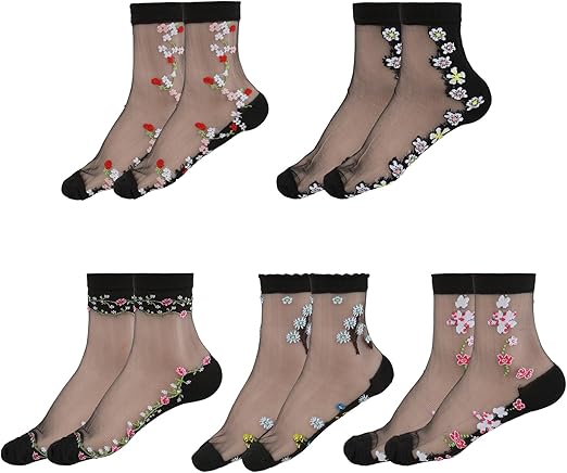 Photo 1 of ***SIMILAR PATTERNS, NOT EXACT***   5 Pairs Women Floral Sheer Transparent Mesh Socks - Ultra-thin Lace See Through Ankle Casual Crew
