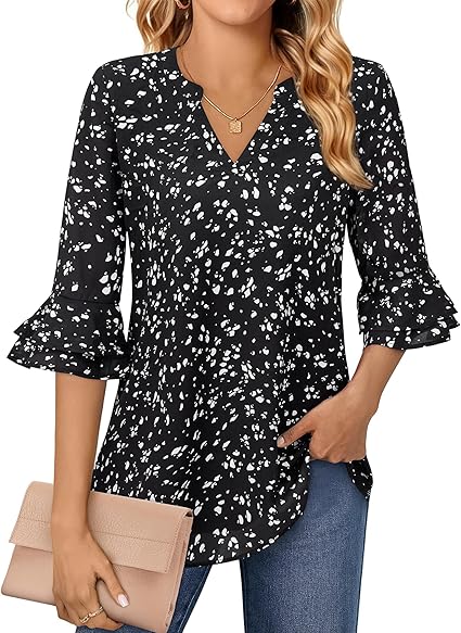 Photo 1 of Blouse for Women Dressy Casual Spring Summer 3/4 Ruffle Sleeve Tops Double Layered Business Casual Tunic Work Shirts 2XL