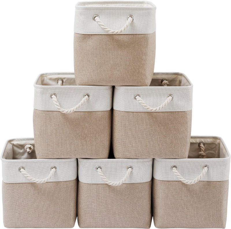 Photo 1 of 13 x 13 Inch Cube Storage Bins, 6 Pack Extra Large Collapsible Fabric Storage Bin with Ropes, Foldable Storage Cubes for Home (White & Beige-13"x13"x13") ***(ONLY 2, MISSING 4)***
