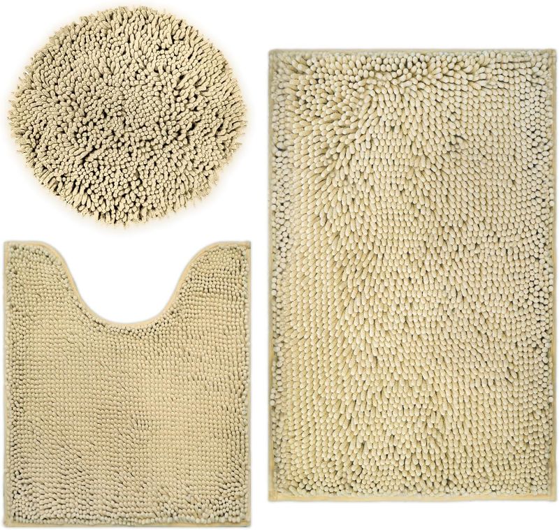 Photo 1 of Bathroom Rugs Chenille Bath mat 3 Piece Set, Super Absorbent, Strong PVC Non Slip Underside, Bath mats for Bathroom, Plush Shaggy, Thick, Machine Washable, Bathtub, Toilet, Beige
