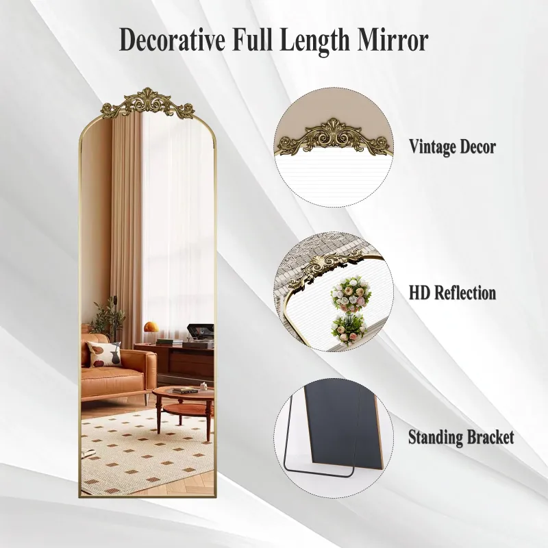 Photo 1 of BEAUTYPEAK 66.1"x21" Full Length Mirror with Baroque Flower Head Design Wall-Mounted Mirror,Antique Gold