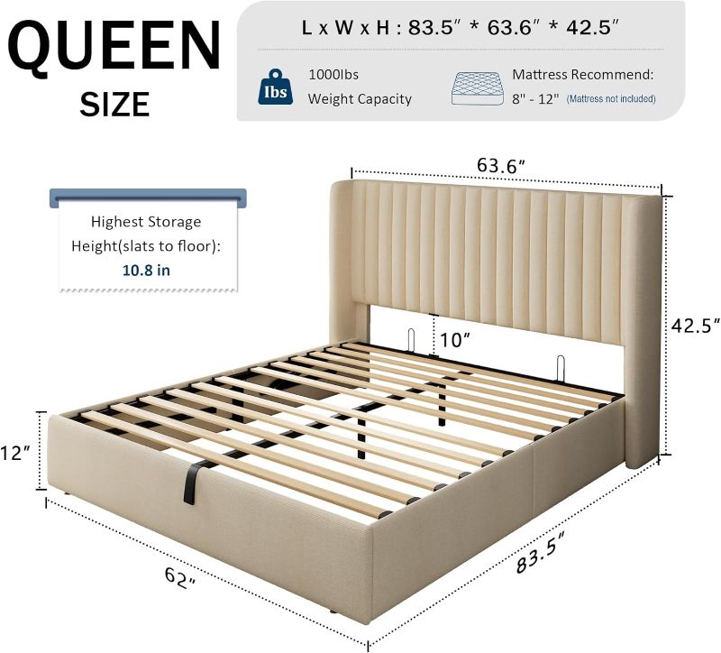 Photo 1 of ***PARTS ONLY******GalnFu Queen Size Lift Up Storage Bed, Upholstered Platform Bed Frame with Wingback Headboard, Hydraulic System, Solid Wooden Slats Support, Noise-Free, No Box Spring Needed, Easy Assembly, Beige
