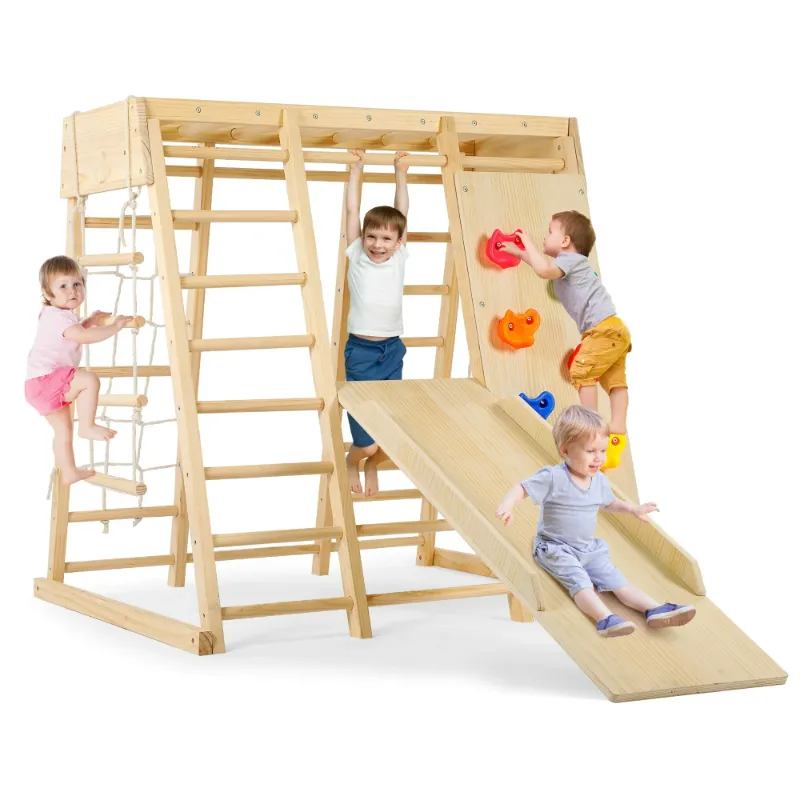Photo 1 of ***MISSING PARTS**7-in-1 Indoor Playground Jungle Gym, Easoger Montessori Waldorf Style Wooden Climber Playset Slide, Rock Climbing Wall, Rope Wall Climber, Monkey Bars, Swing for Toddlers, Children Kids
