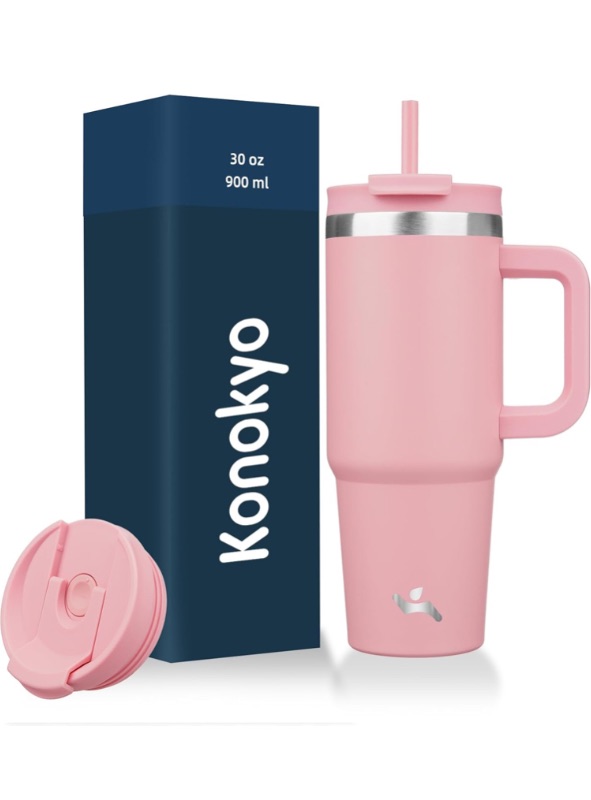 Photo 1 of 30 oz Tumbler with Handle and 2 Straws,2 in 1 Lid Insulated Water Bottle Stainless Steel Travel Coffee Mug,Pink