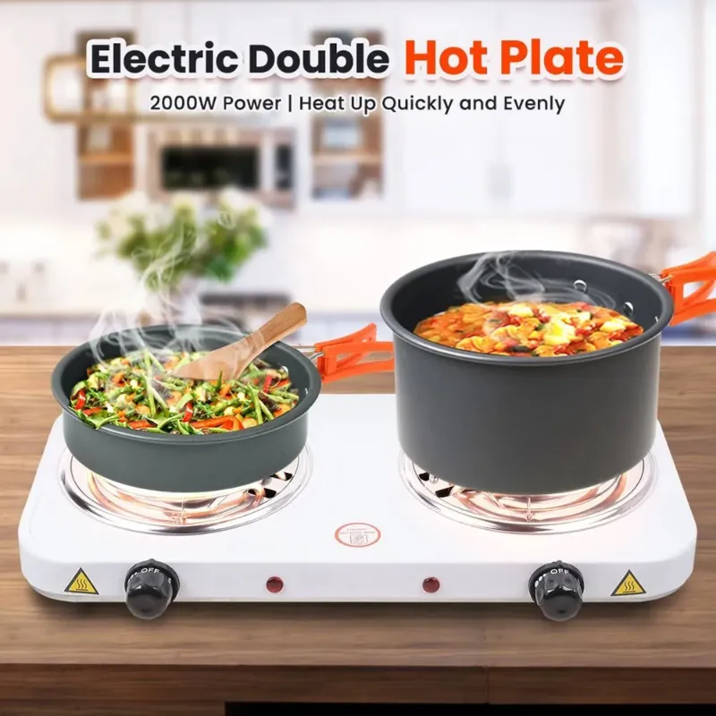 Photo 1 of **there is damage on the front of the item, dented inward****Daretodo 2000W Portable Electric Double Burner, Hot Plate Kitchen Cooktop Cooking Stove Frying Pan and Easy to Clean for Home or Dorm, Adjustable Temperature, White
