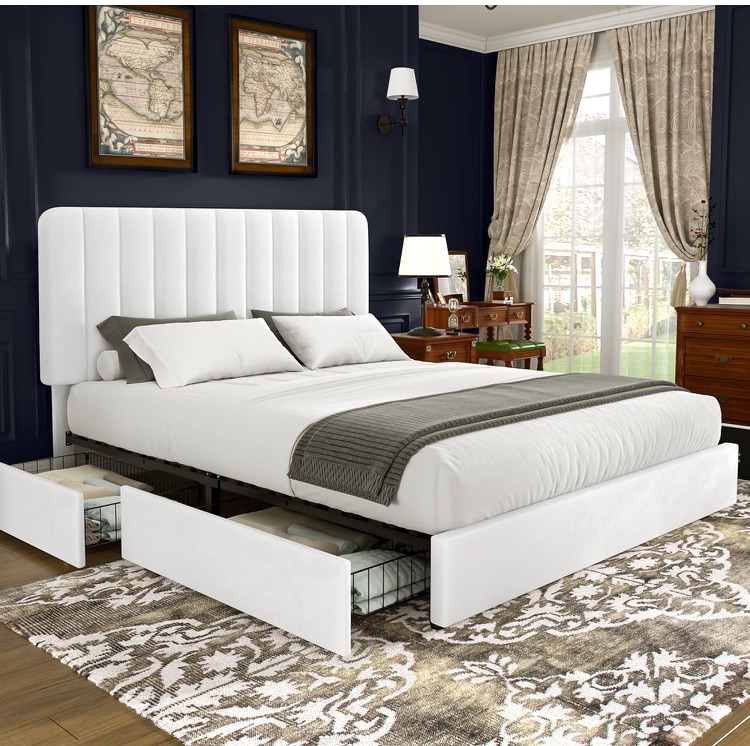 Photo 1 of ***READ THE NOTE**VECELO King Size Upholstered Bed Frame with 4 Drawers and Headboard, Velvet Platform Storage Bedframe, Wooden Slats Support, No Box Spring Needed,White
