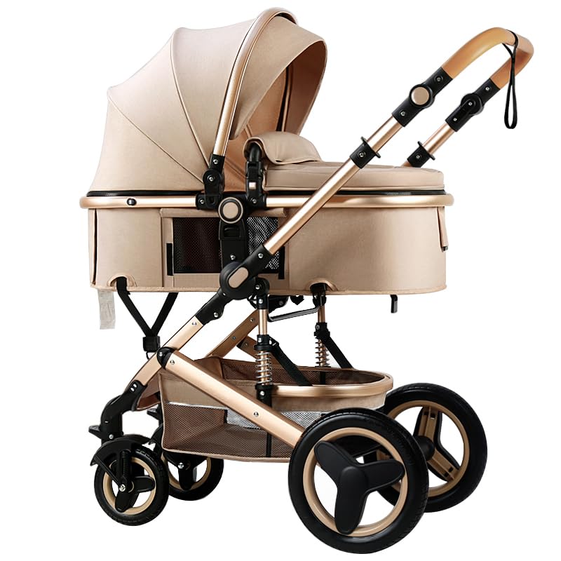 Photo 1 of Luxury Baby Stroller 2 in 1 with Bassinet Mode Foldable Infant Stroller High Landscape Reversible Stroller Travel Pram Baby Carriage (Linen Khaki)
