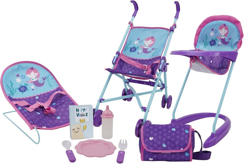 Photo 1 of 509 Crew Mermaid 9 Piece Set: Doll Feed n Play Set - Includes Stroller, Highchair, Bouncer, Handbag, Feeding Accessories, Kids Pretend Play Ages 3+ (T826028)
