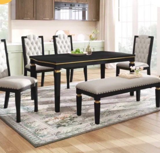 Photo 1 of 6-Piece Kitchen Dining Table Set, 60? Rectangular Table and 4 High-Back Tufted Chairs & 1 Bench for Dining Room and Kitchen (Black)