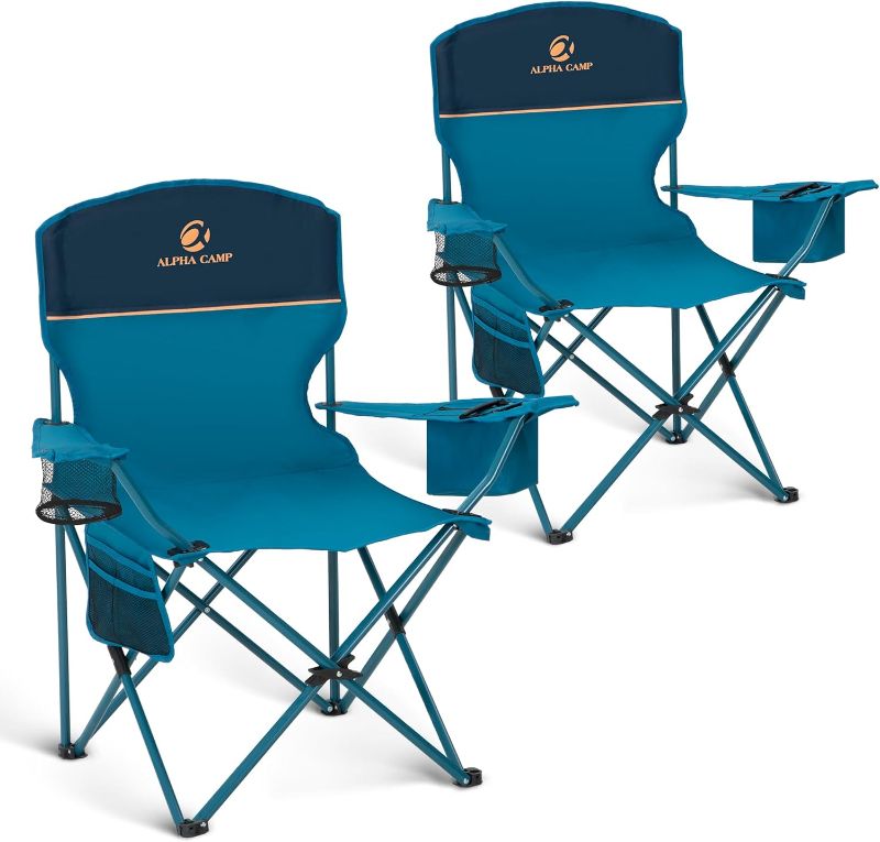Photo 1 of ALPHA CAMP Camping Chair 2 Pack Portable Chair with 3-Can Cooler Folding Chair with Side Pocket and Cup Holder, Collapsible Chair for Camping, Tailgates, Beach, Fishing and Sports,2PC