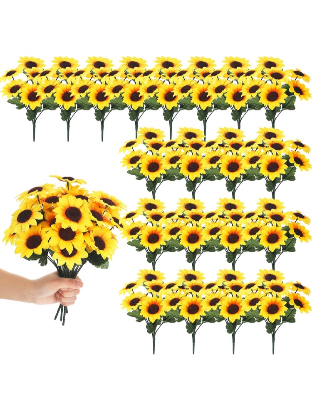 Photo 1 of 24 Bundles Sunflower Artificial Flower with Stems Bouquet Fake Plants Bulk UV Resistant Plastic Faux Outdoor Flower No Fade for Wedding Fall Garden Home Window Decor