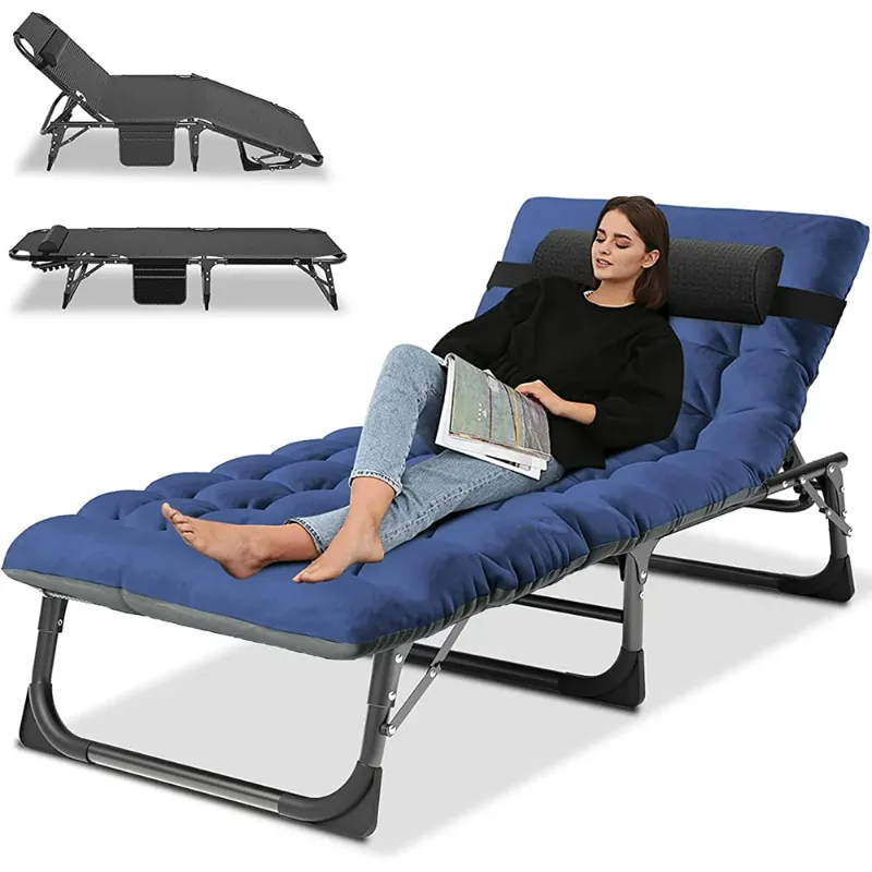 Photo 1 of  Portable Folding Camping Cot Bed with 2 Sided Mattress & Pillow, Adjustable 5-Position Folding Lounge Chair, Folding Cot Bed