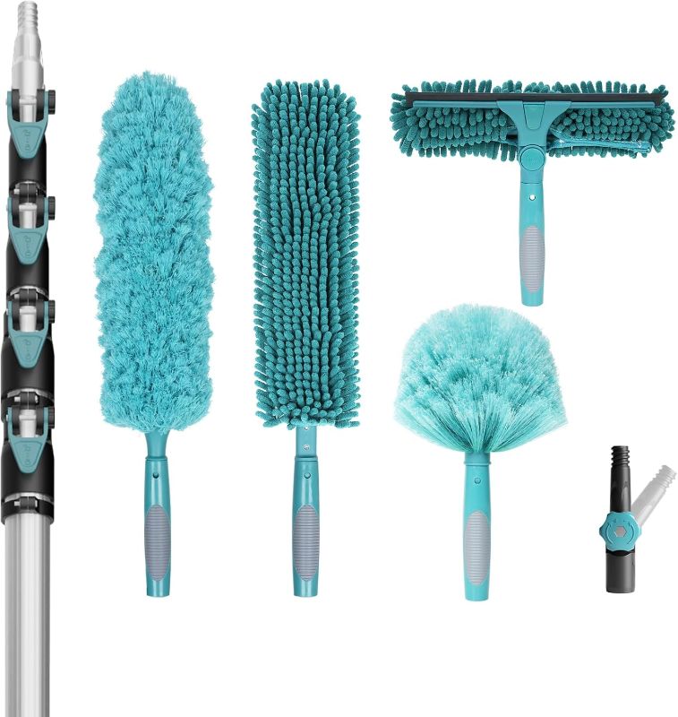 Photo 1 of 30 Foot High Reach Duster Kit with 6-24FT Extension Pole High Ceiling Dusting and Window Cleaning Kit with Telescopic Pole Window Washer&Squeegee,Cobweb Duster,Fan Duster and Feather Duster