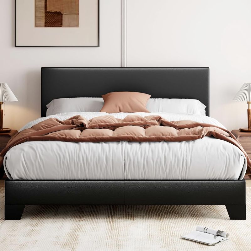 Photo 1 of 
Queen Bed Frame with Adjustable Headboard, Faux Leather Platform Bed with Wood Slats, Heavy Duty Mattress Foundation, No Box Spring Needed, Noise-Free, Easy Assembly, 