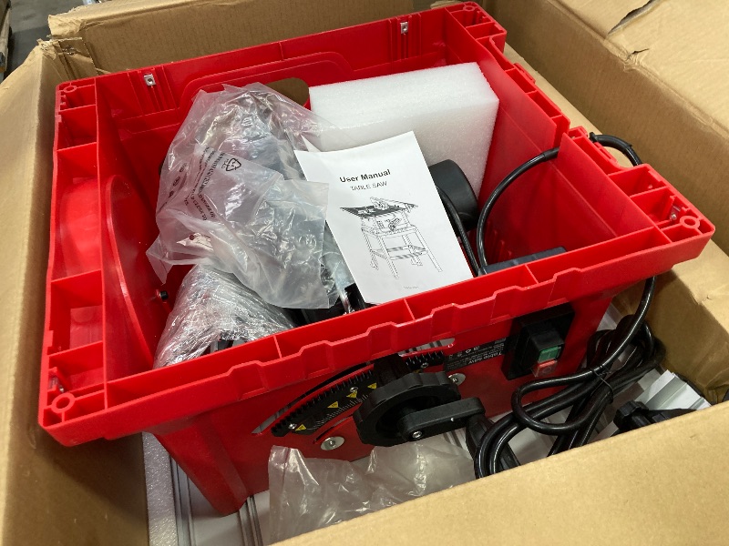 Photo 1 of Table Saw, 10 Inch 15A Multifunctional Saw with Stand & Push Stick, 90° Cross Cut & 0-45° Bevel Cut, 5000RPM, Adjustable Blade Height for Woodworking