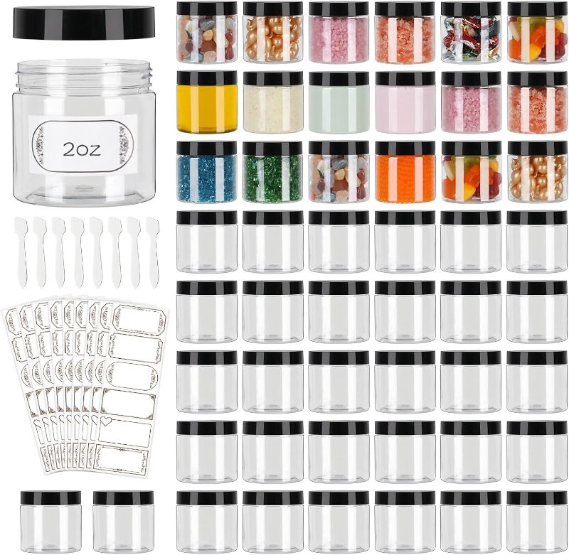 Photo 1 of 50 Pack Plastic Jars with Lids, 2 oz Plastic Containers with Lids, 2oz Jars with Lids, Clear Plastic Jars with Lids for Cream, Lotion, Scrubs, Cosmetics