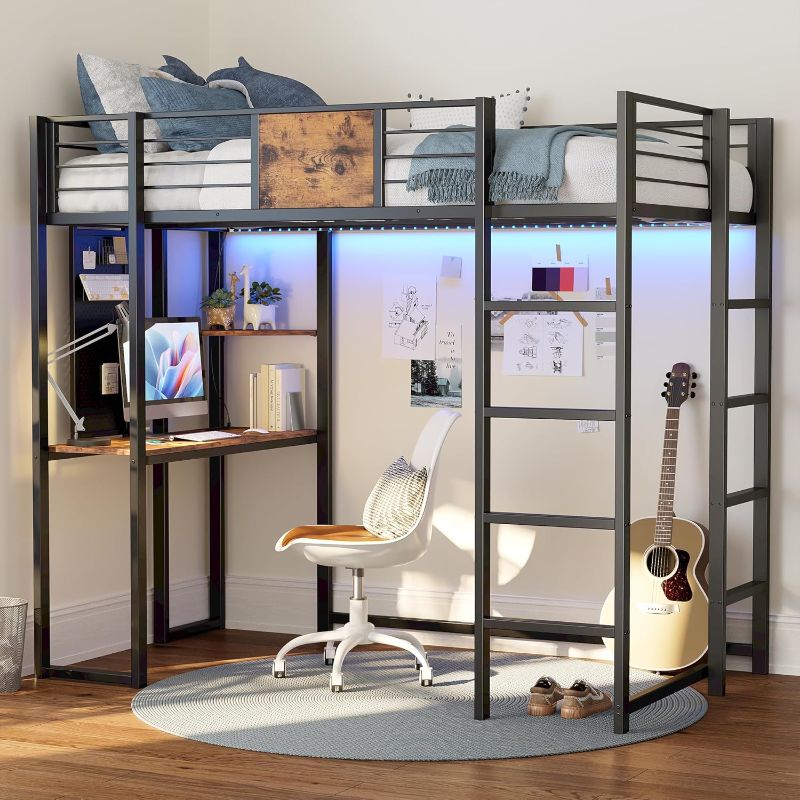 Photo 1 of  Twin Metal Loft Bed with Desk and Shelves for Teens Adult, Loft Bed Frame with 2 Built-in Ladders, Power Outlet and LED Lighted, Space-Saving, Safety Guard & Ladder, Noise Free, Black